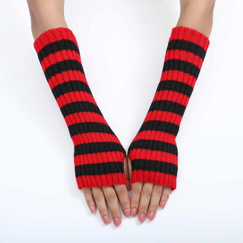 Sumleno Y2k Striped Arm Warmers Long Fingerless Knitted Gloves Punk Gothic Alt Emo Scene Cool Winter Arm Sleeves Grunge Accessories - Image 3
